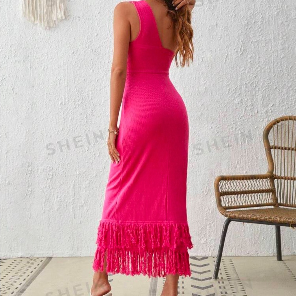 SHEIN Fuchsia One-Shoulder Dress with Fringe - Picture 2 of 5